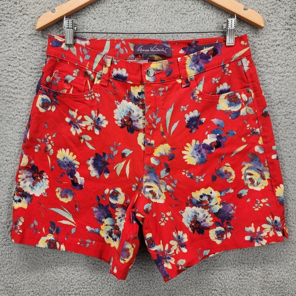 Gloria Vanderbilt Amanda Floral Red Denim Shorts Women's Size 12 - Picture 1 of 9